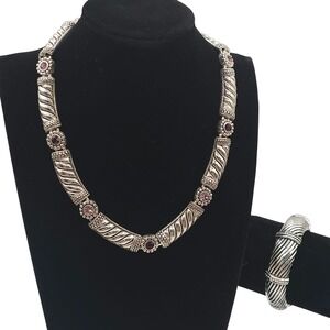 Vtg Necklace Bangle Set Silver Tone Cuff Purple Glass Rhinestones Swirl Twist